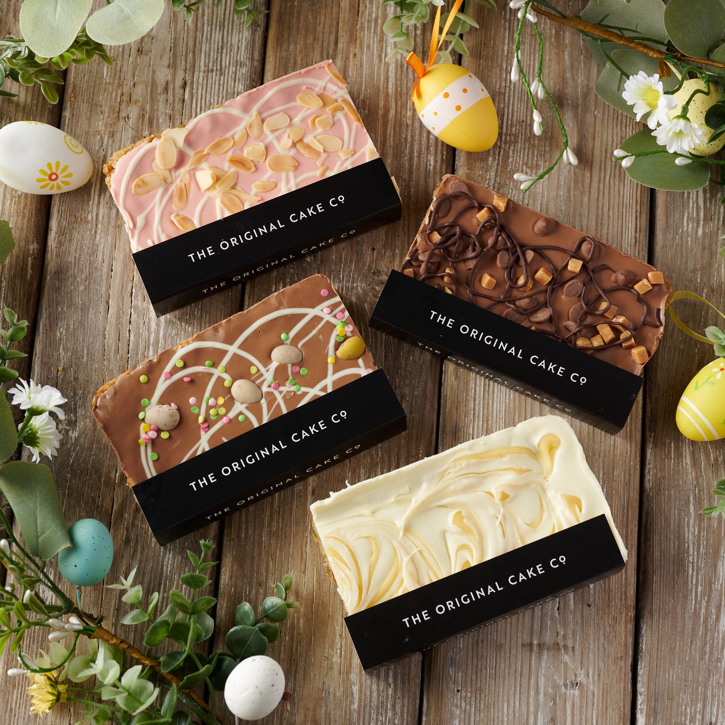 easter flapjack selection- cherry bakewell flapjack, mini egg flapjack, caramel chocolate flapjack and lemon loaded flapjack